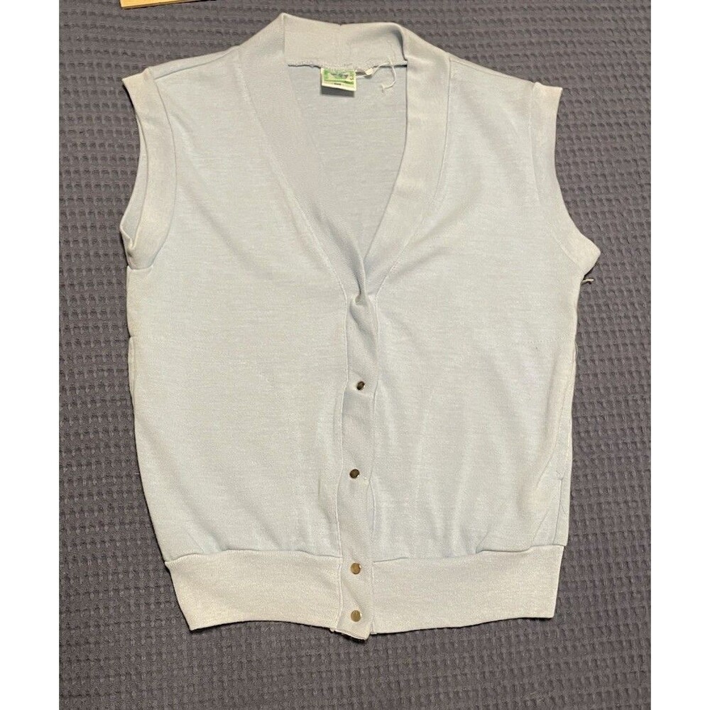 Vintage Ladies Winning Ways Sz M Baby Blue Snap Cardigan Sweater Vest Taiwan ROC